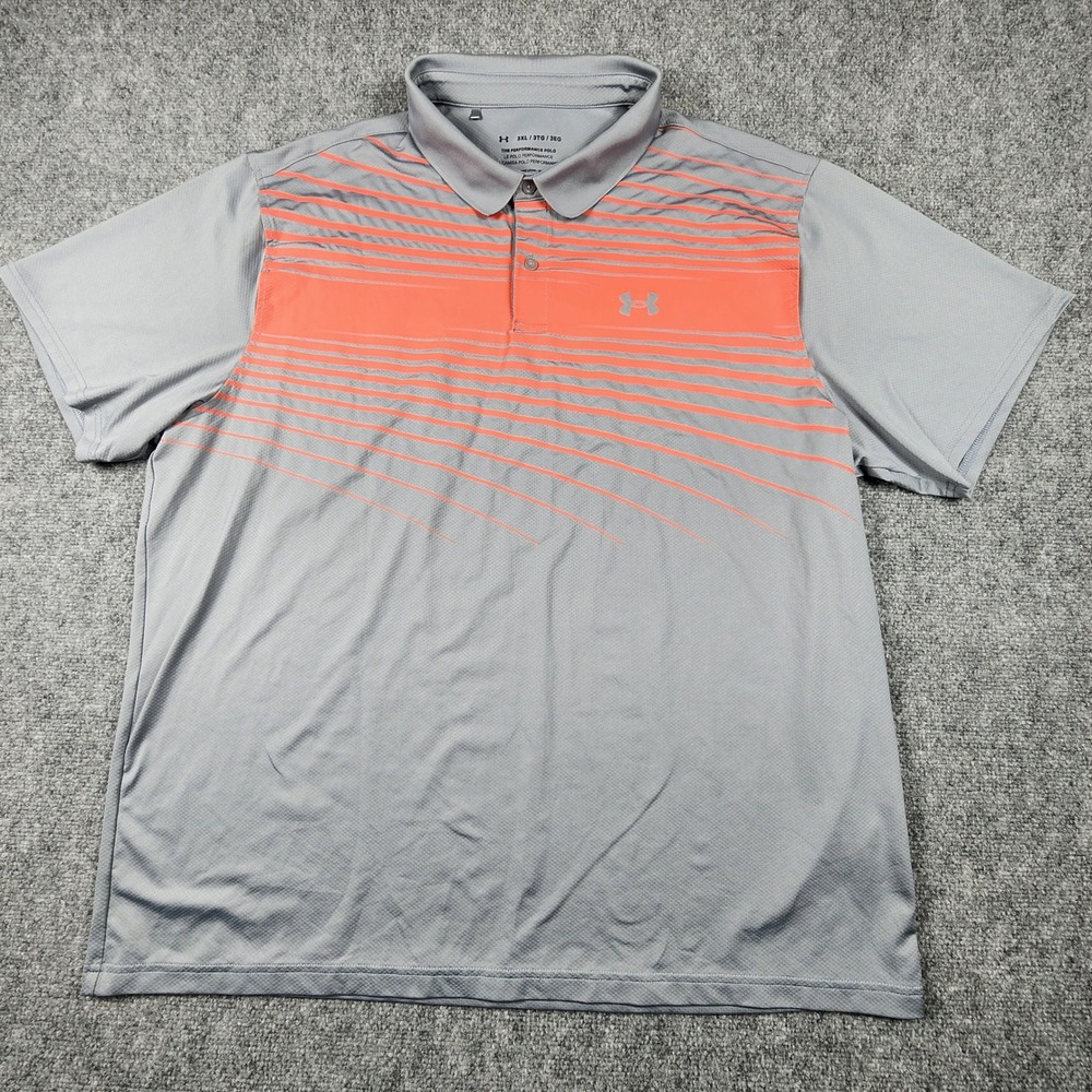 Under Armour‎ Performance Polo Shirt Mens 3XL Gray Orange Striped Golf Loose Fit